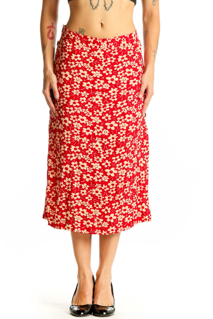Front view of Madewell red floral midi skirt with A-line silhouette