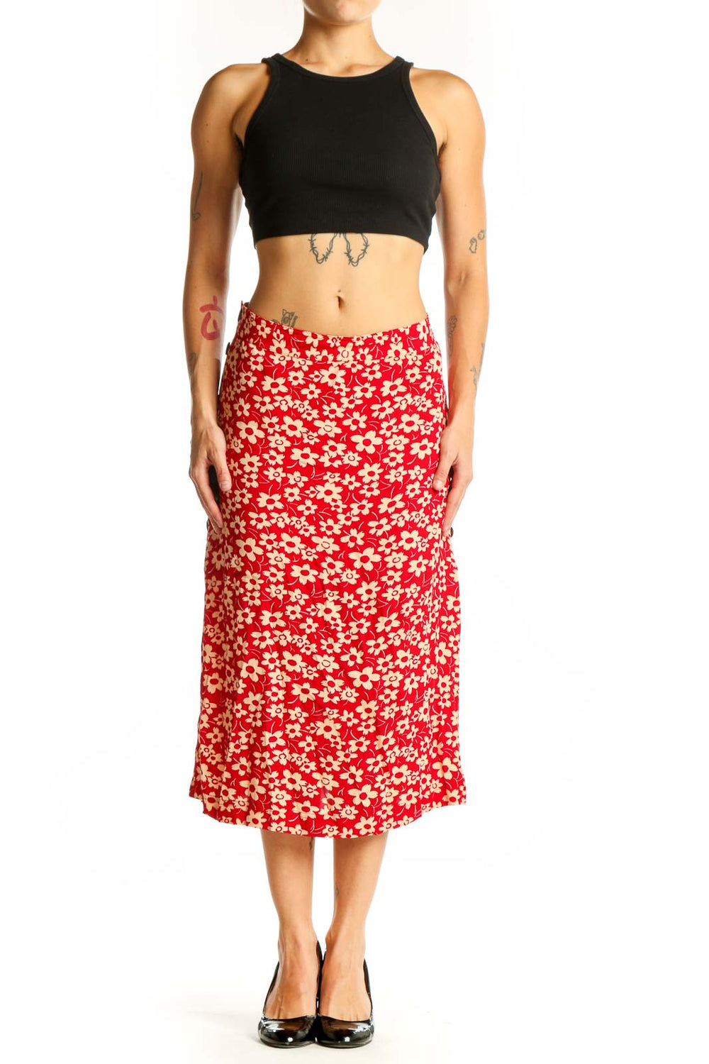 Front view of Madewell red floral midi skirt with A-line silhouette