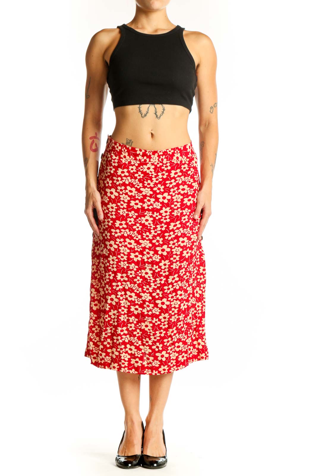 Front view of Madewell red floral midi skirt with A-line silhouette