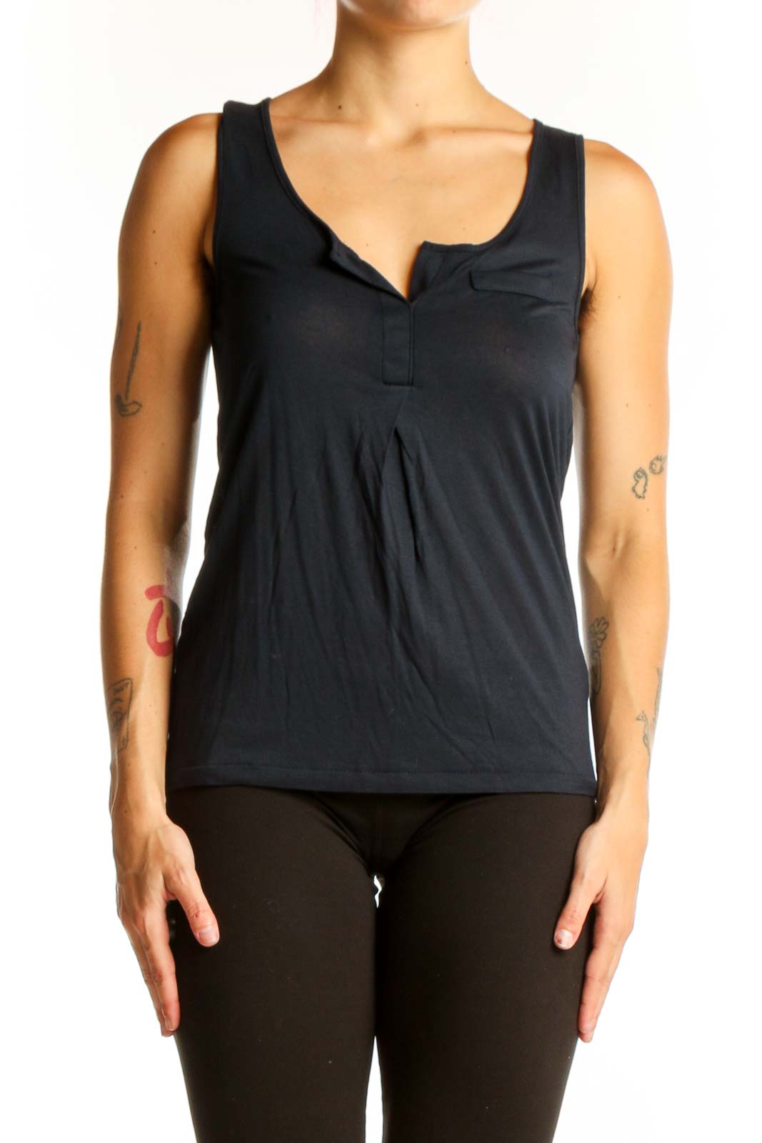 Front view of Ann Taylor black sleeveless cotton top with notched neckline