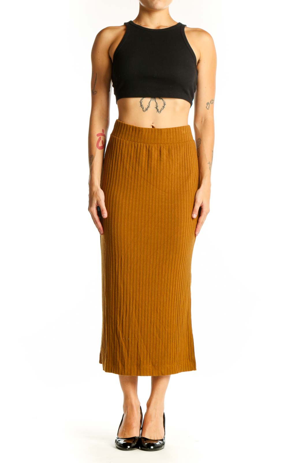 Front view of Lou & Grey mustard ribbed midi skirt with side slit
