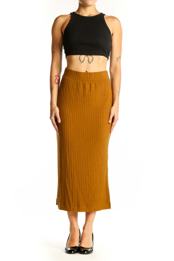 Front view of Lou & Grey mustard ribbed midi skirt with side slit