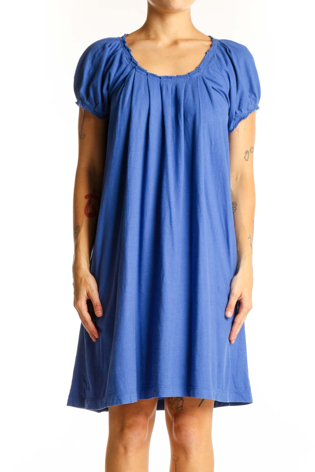 Front view of J.Crew blue flowy tunic top with short puffed sleeves