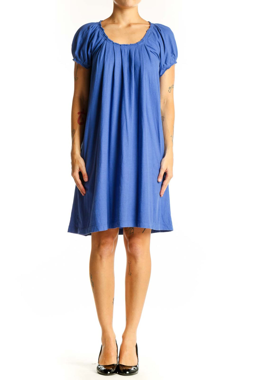 Front view of J.Crew blue flowy tunic top with short puffed sleeves