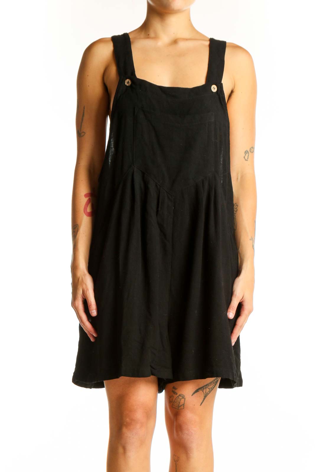 Front view of Arabess black sleeveless overalls dress with square neckline