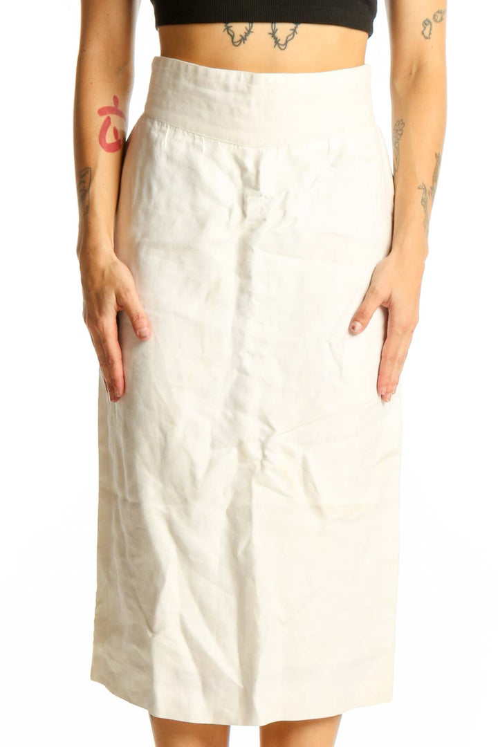 Front view of white high-waisted cotton midi skirt by ESCADA