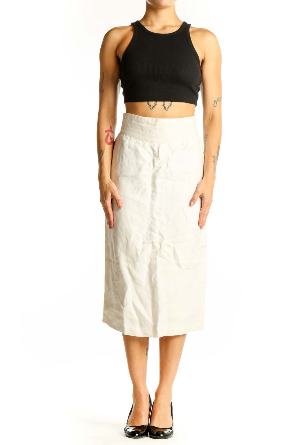 Front view of white high-waisted cotton midi skirt by ESCADA
