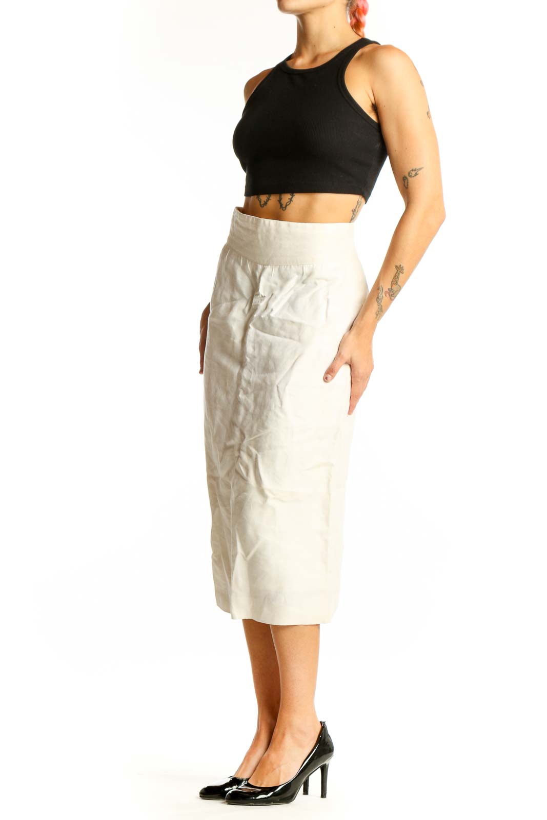 Front view of white high-waisted cotton midi skirt by ESCADA