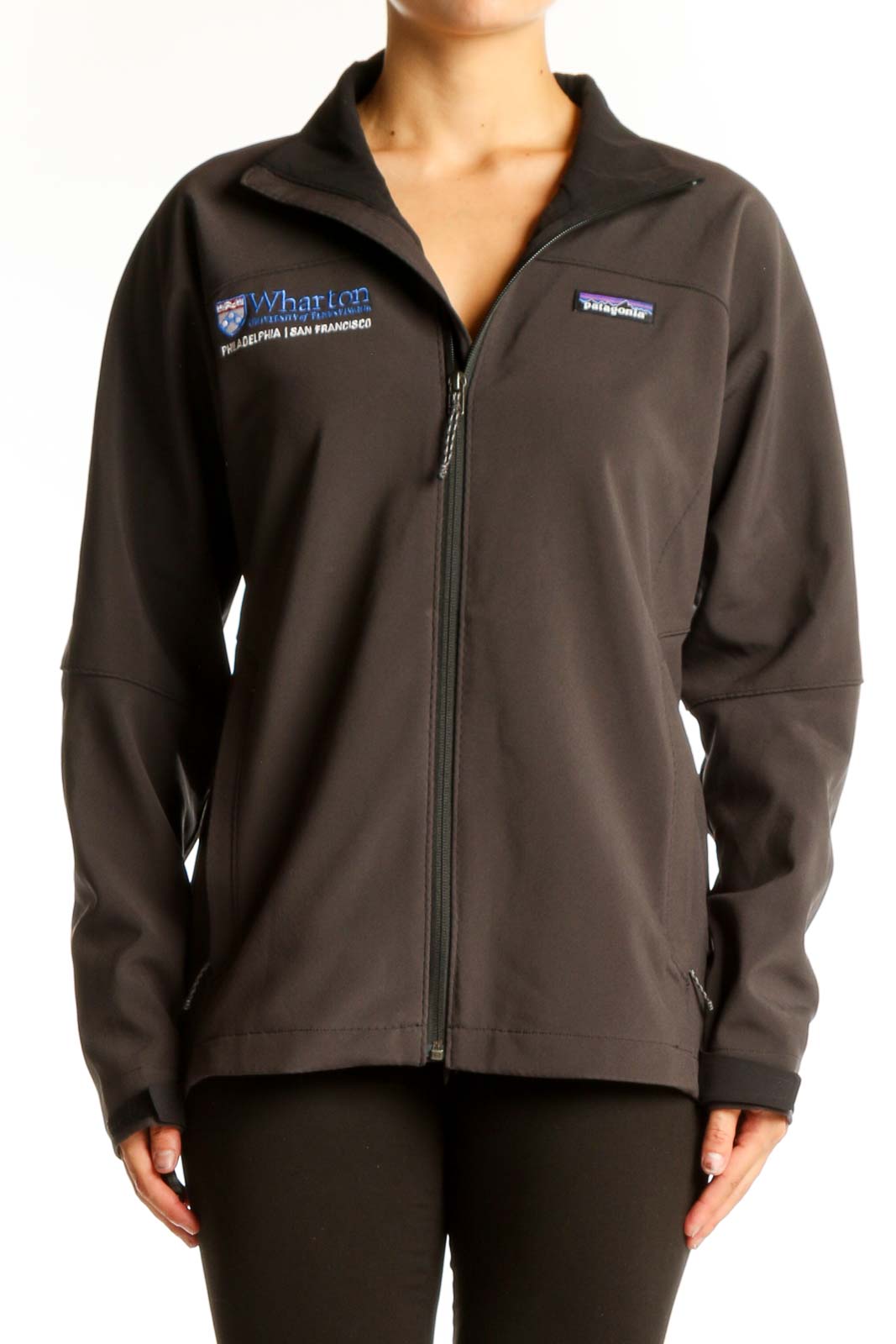 Front view of brown Patagonia softshell jacket with Wharton logo