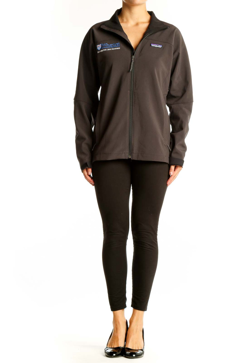 Front view of brown Patagonia softshell jacket with Wharton logo
