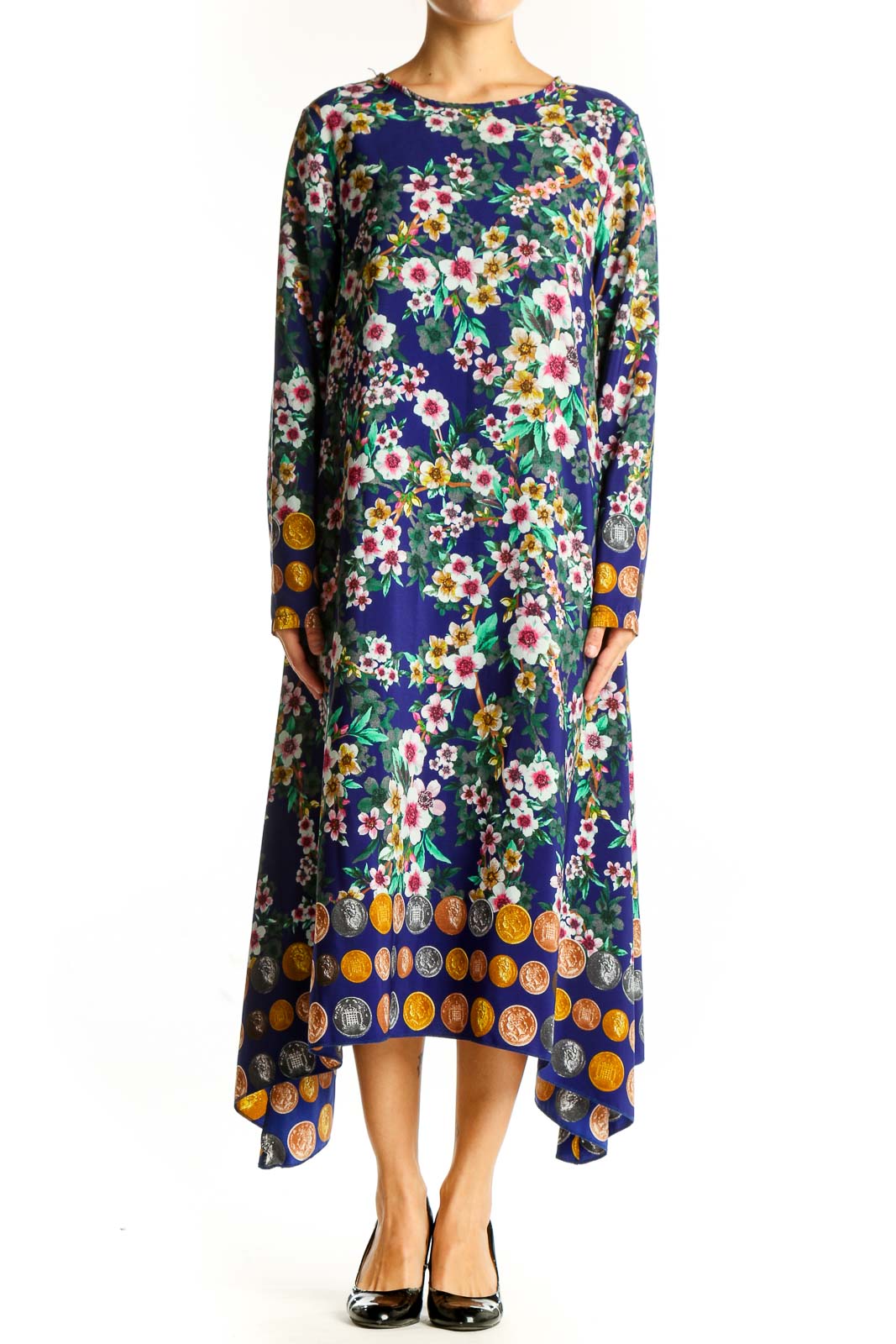 Front view of Organic Topless blue floral print midi dress with handkerchief hem