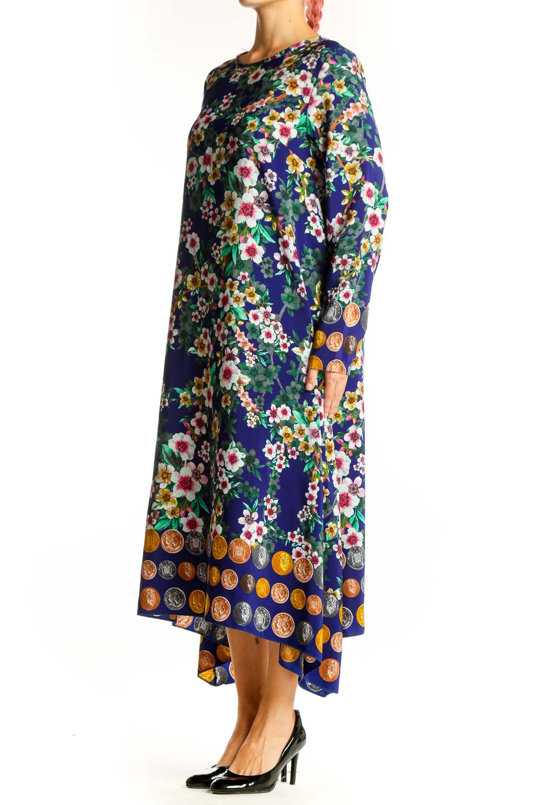 Front view of Organic Topless blue floral print midi dress with handkerchief hem