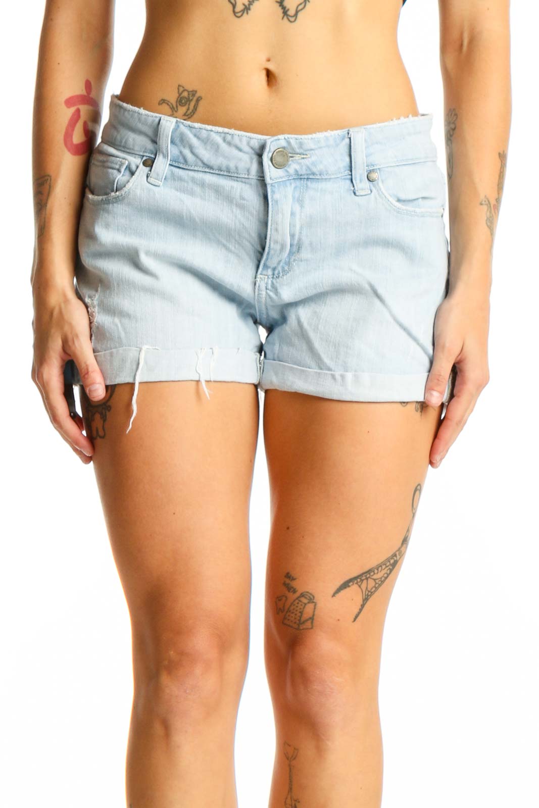 Front view of light blue Paige denim cut-off shorts