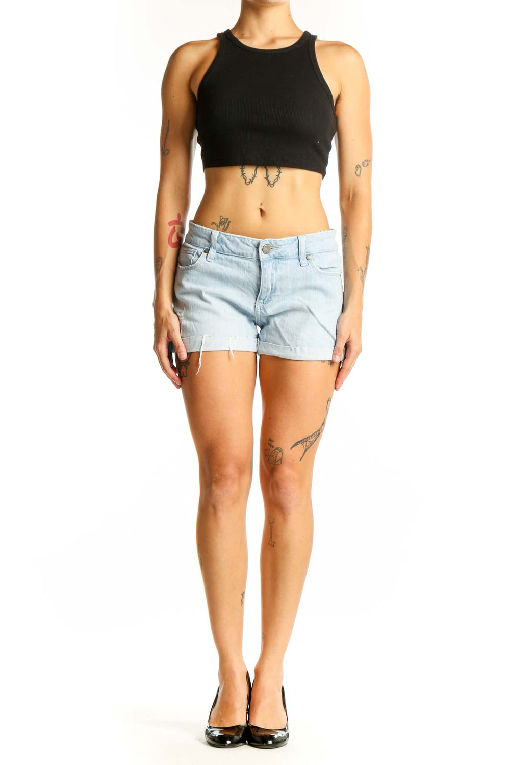 Front view of light blue Paige denim cut-off shorts