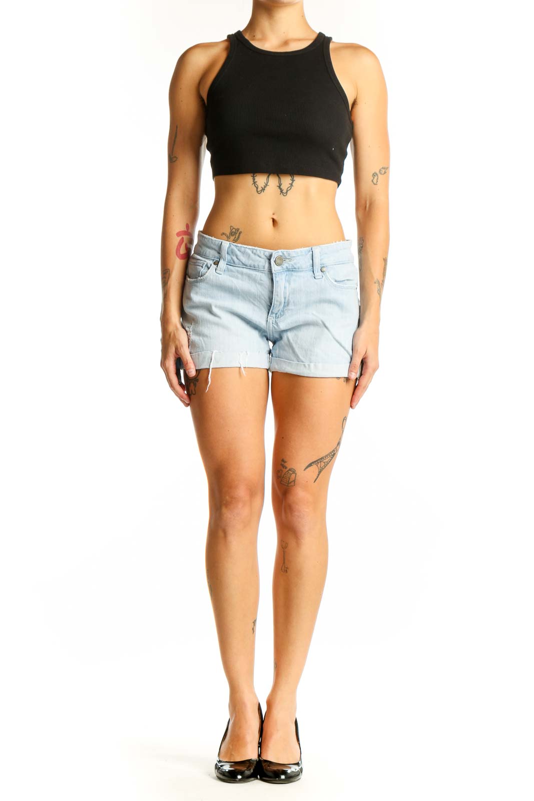 Front view of light blue Paige denim cut-off shorts