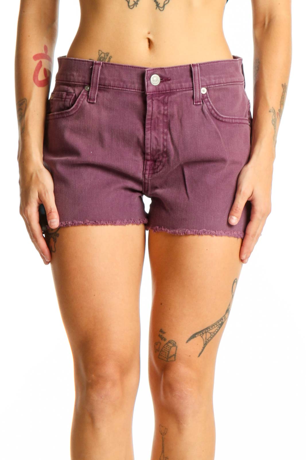 Front view of purple denim cut-off shorts by 7 For All Mankind