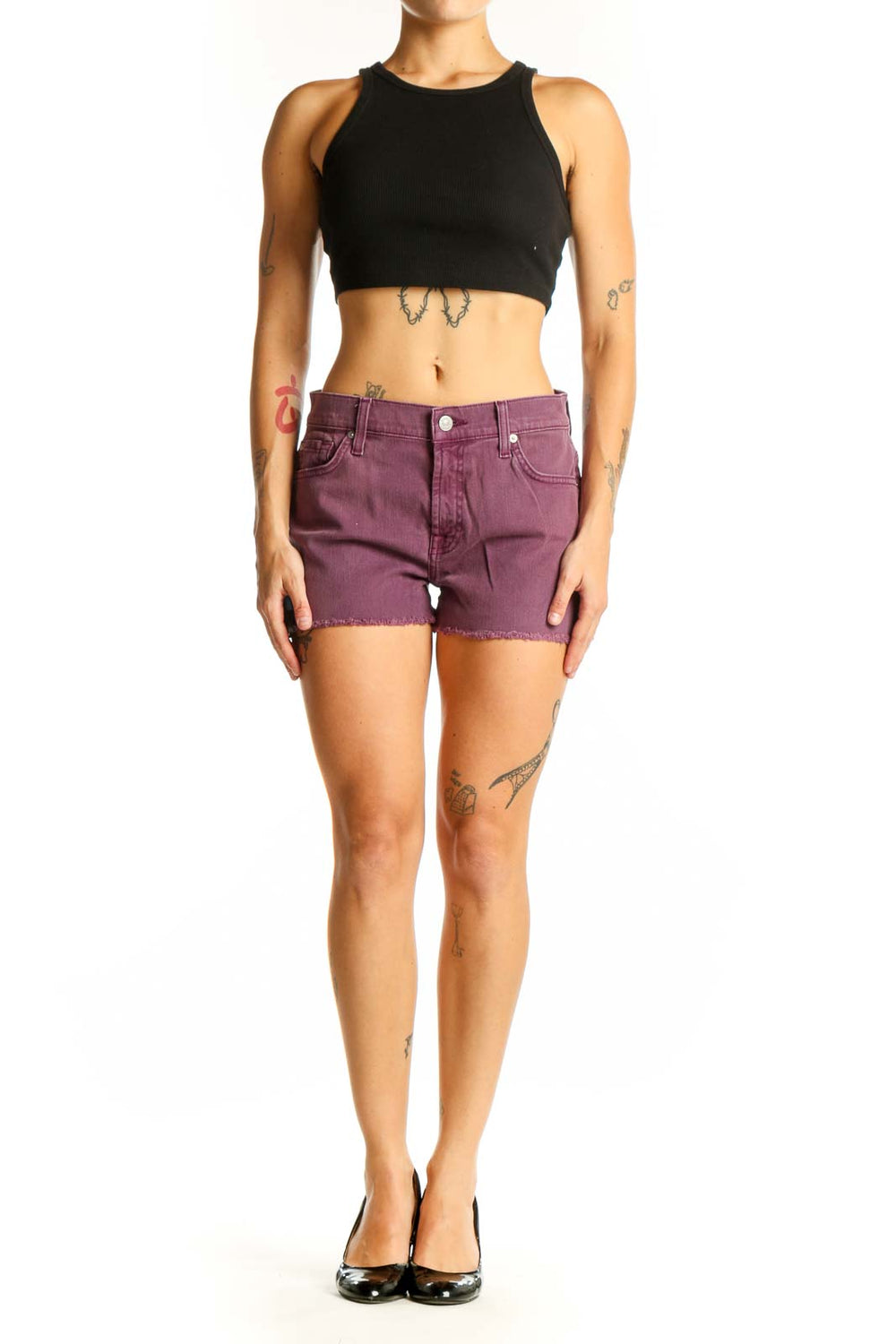 Front view of purple denim cut-off shorts by 7 For All Mankind