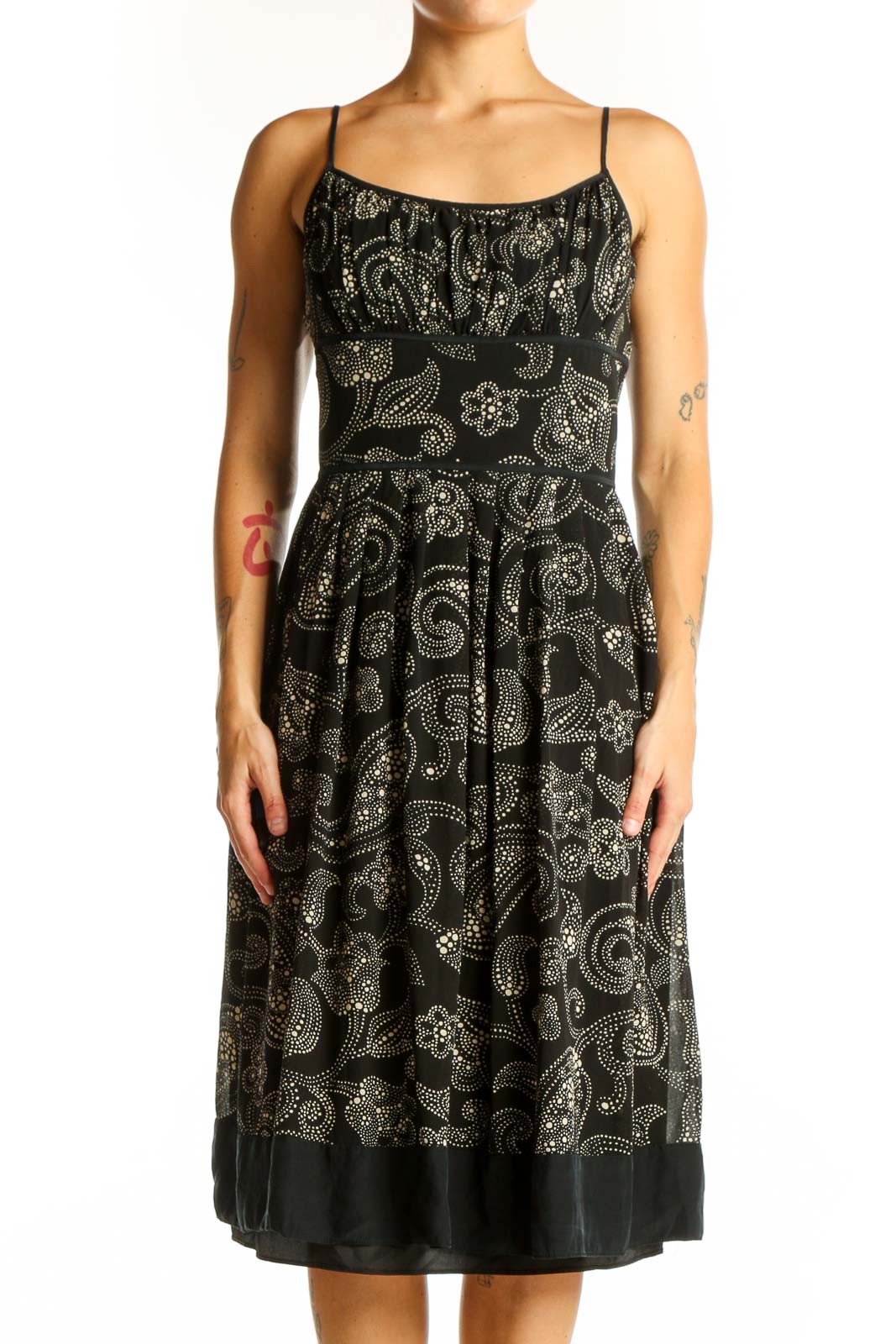 Front view of Ann Taylor black paisley print spaghetti strap dress