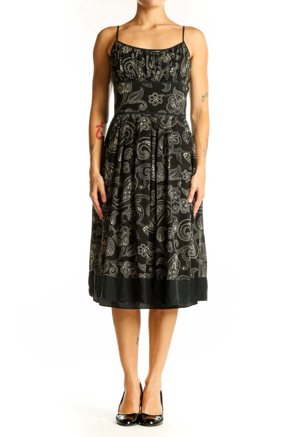 Front view of Ann Taylor black paisley print spaghetti strap dress