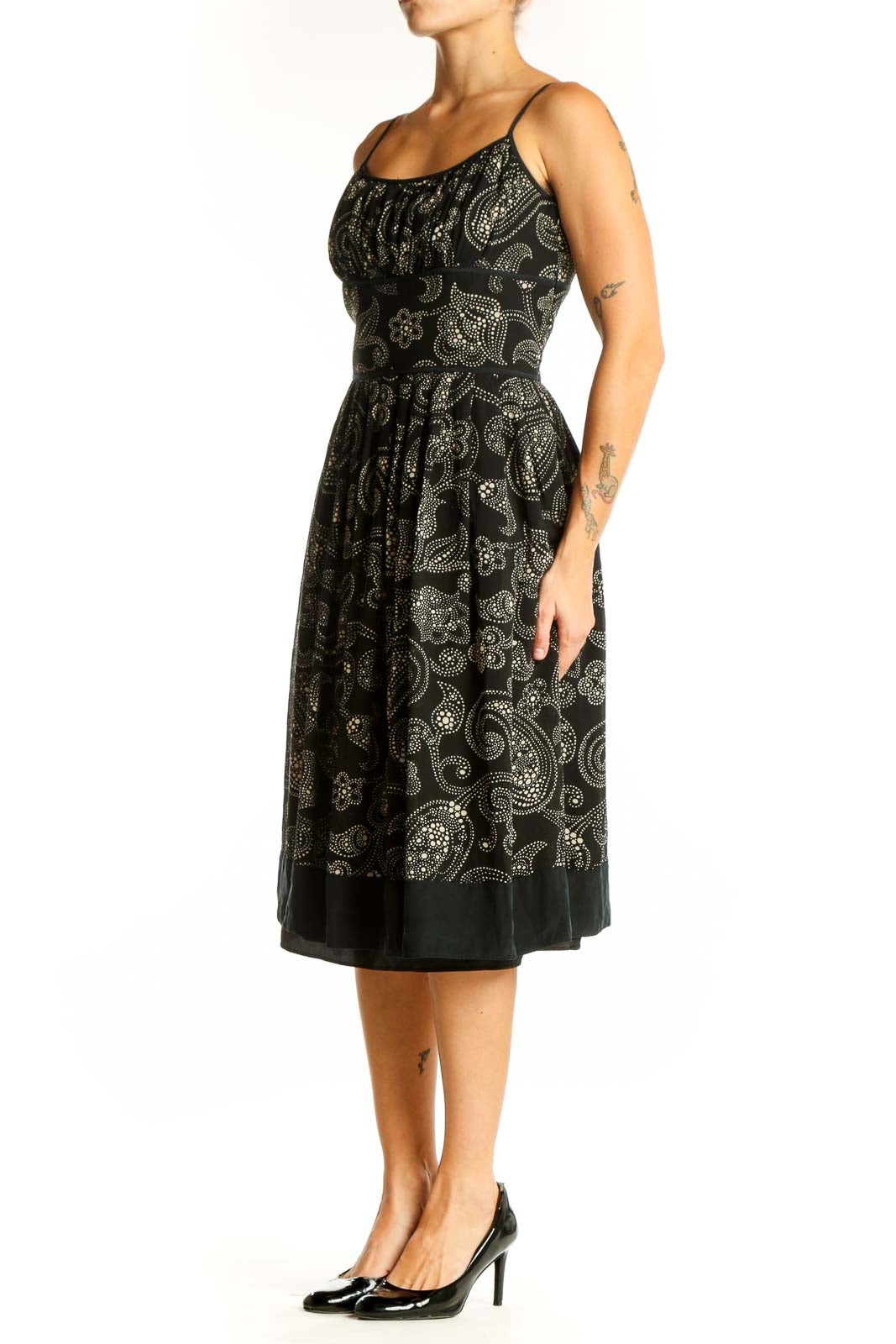 Front view of Ann Taylor black paisley print spaghetti strap dress