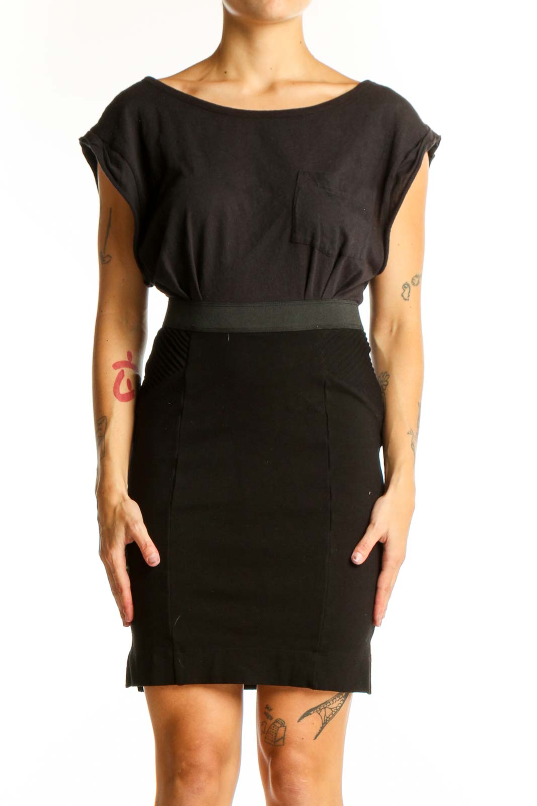 Front view of Free People black fitted dress with boat neckline and cap sleeves