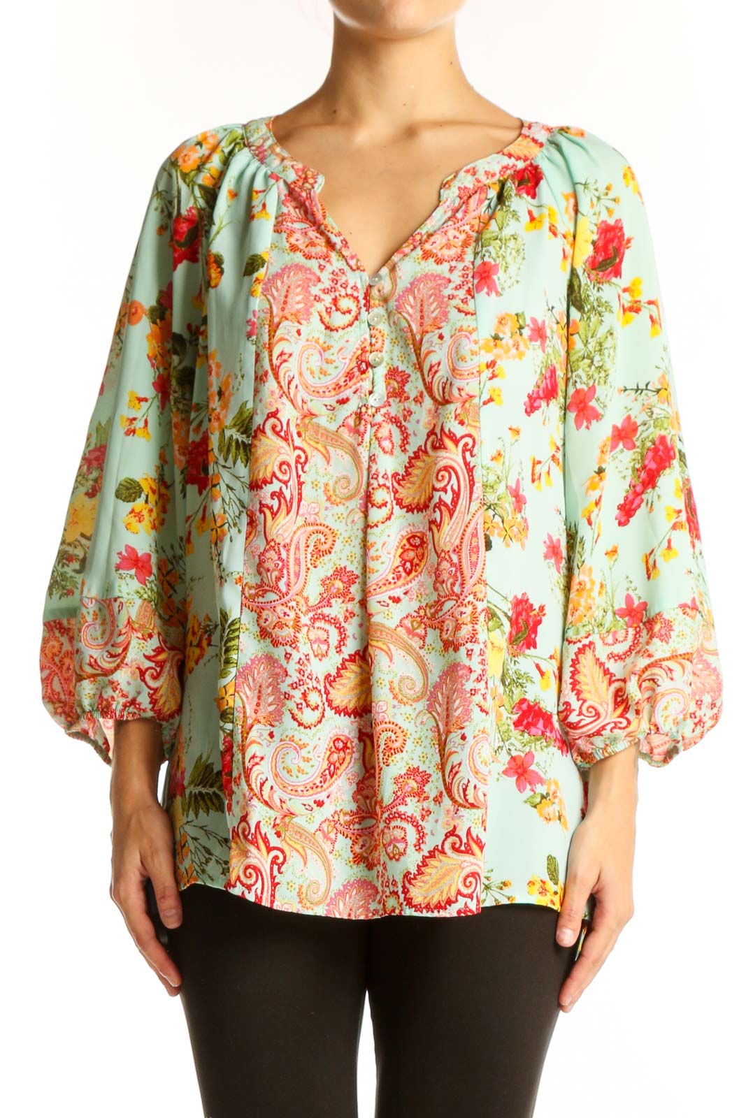 Front view of Olive Hill mint floral paisley blouse with bishop sleeves