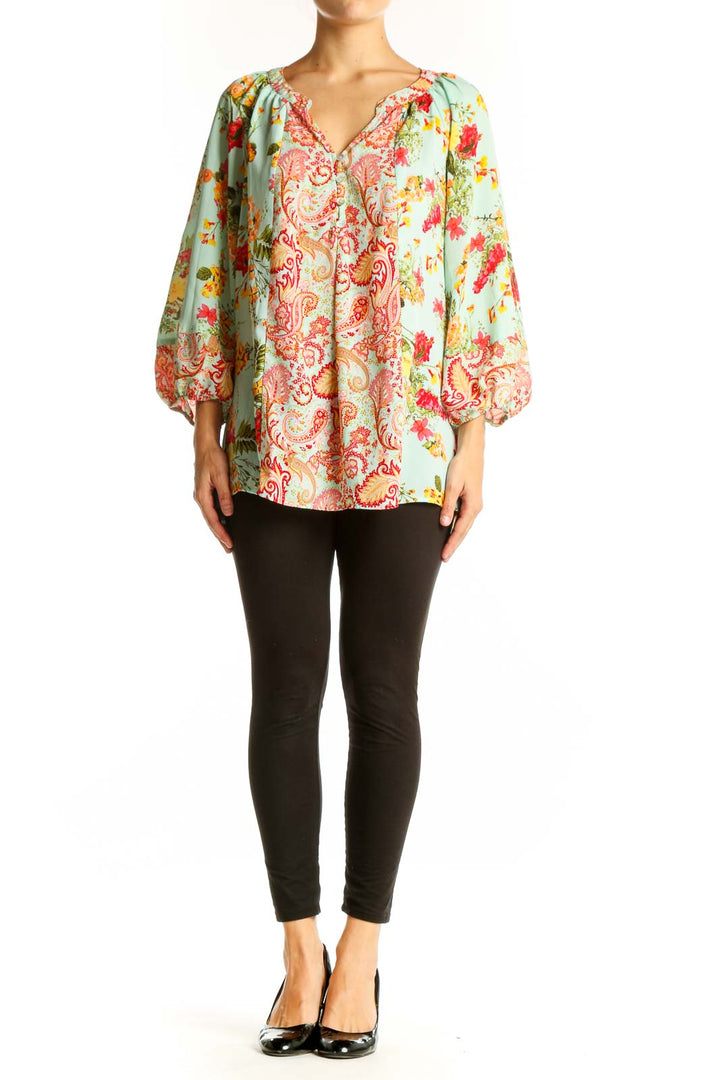 Front view of Olive Hill mint floral paisley blouse with bishop sleeves