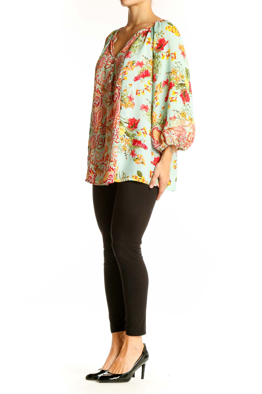 Front view of Olive Hill mint floral paisley blouse with bishop sleeves