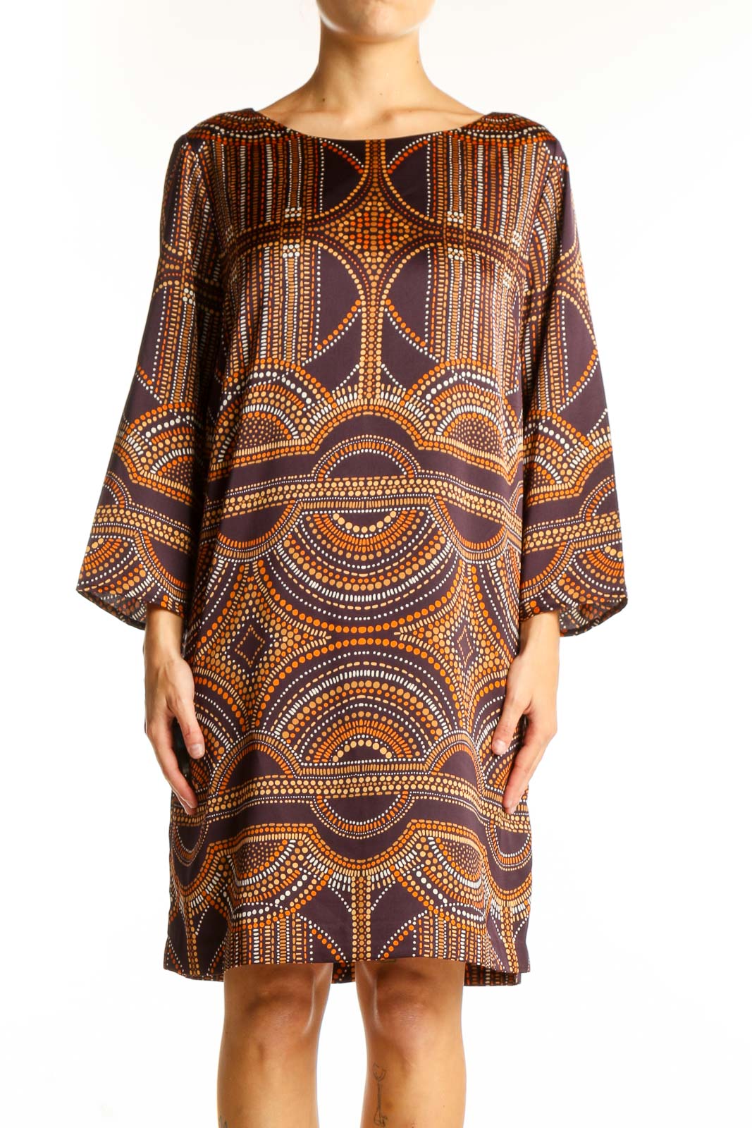 Front view of The Limited brown geometric print shift dress with boat neckline and three-quarter sleeves
