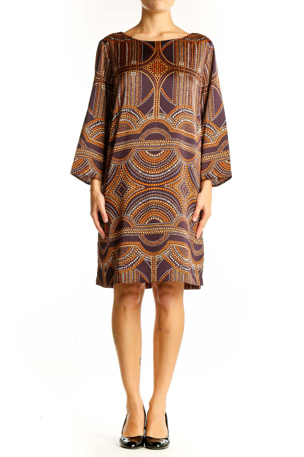 Front view of The Limited brown geometric print shift dress with boat neckline and three-quarter sleeves