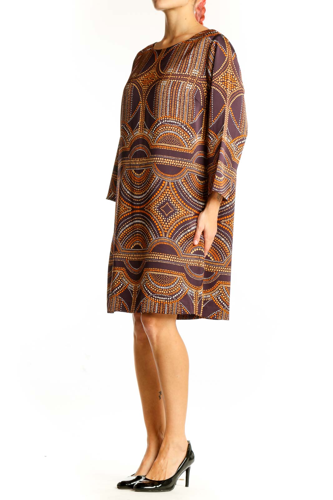 Front view of The Limited brown geometric print shift dress with boat neckline and three-quarter sleeves