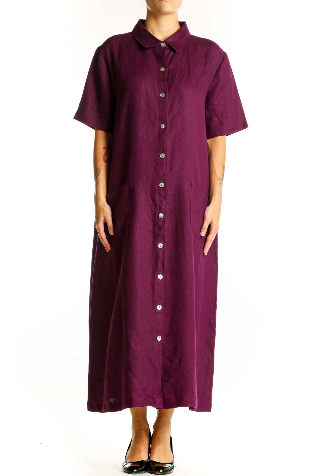Front view of purple Nordstrom maxi shirt dress with button-down front