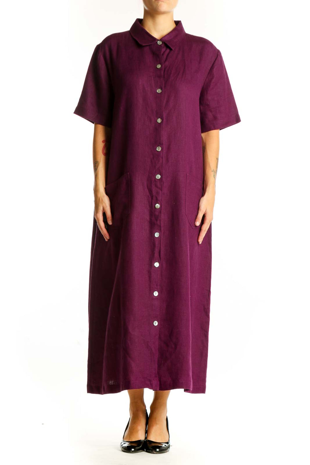 Front view of purple Nordstrom maxi shirt dress with button-down front