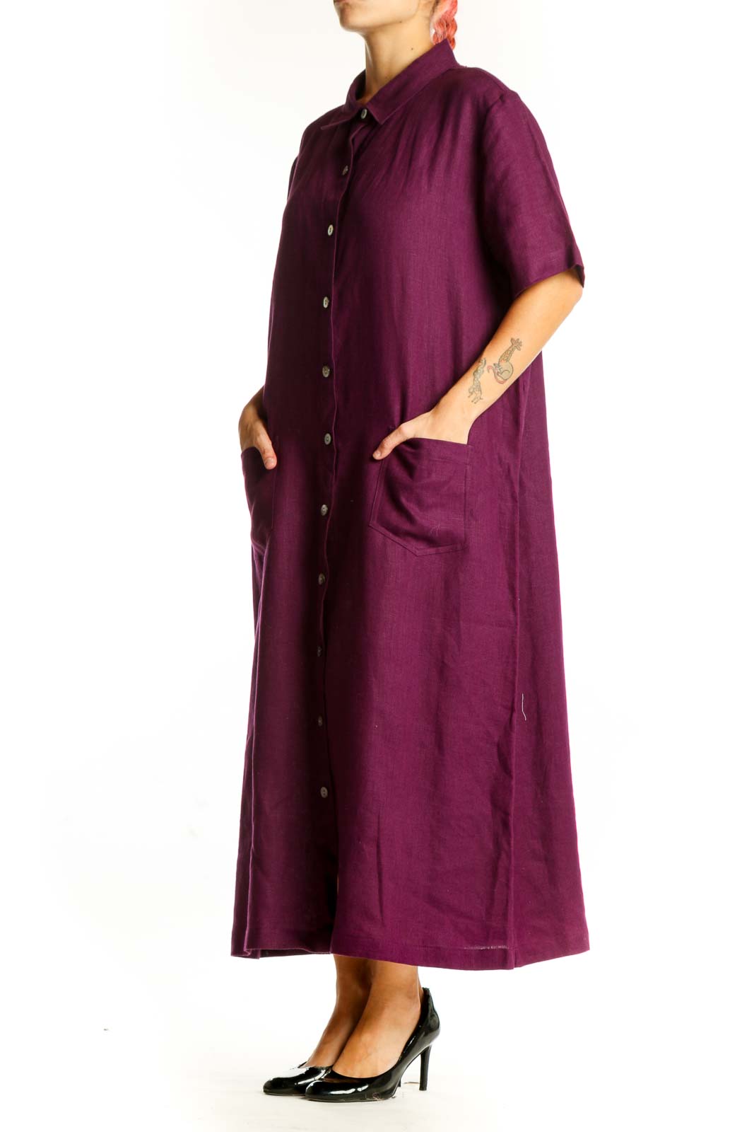 Front view of purple Nordstrom maxi shirt dress with button-down front