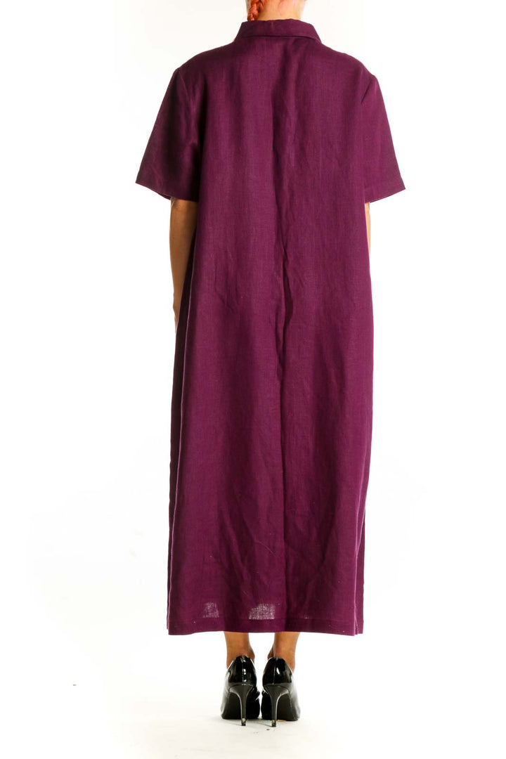 Side view of purple Nordstrom maxi shirt dress showing pocket detail