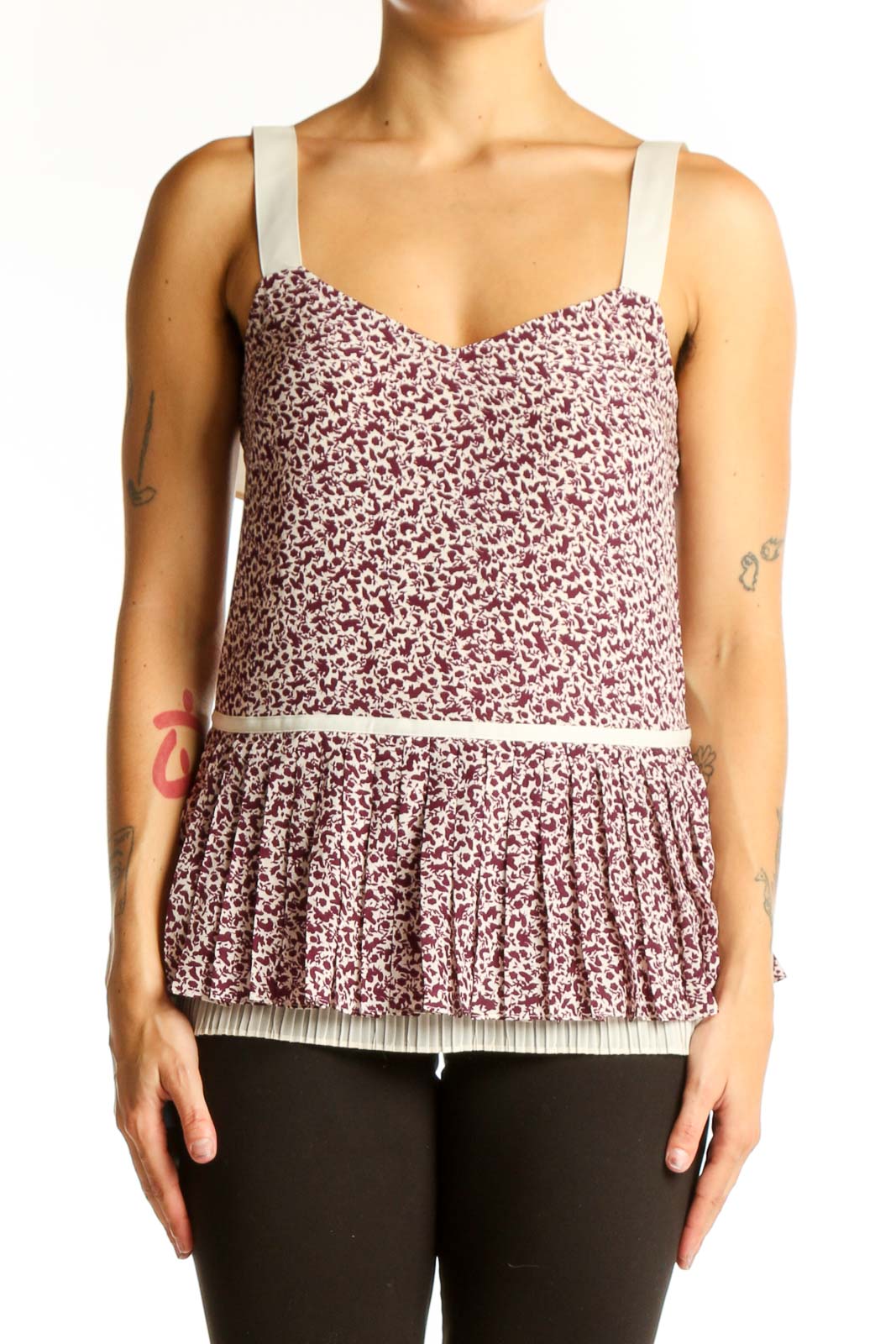 Front view of GREY by Jason Wu burgundy floral print peplum tank top with cream straps