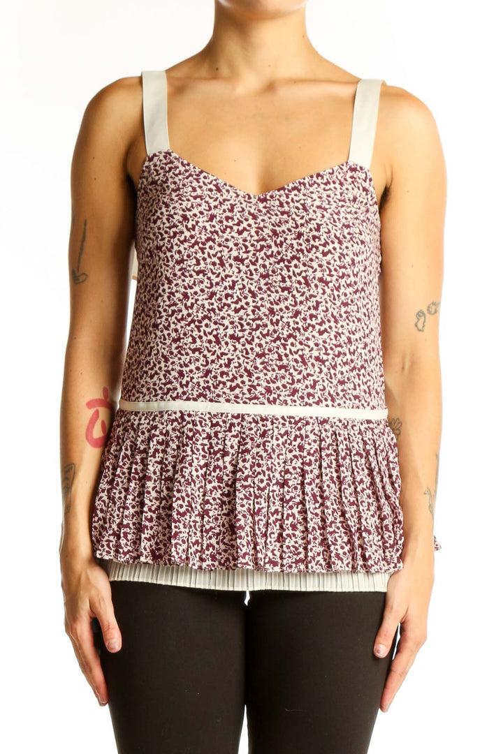 Front view of GREY by Jason Wu burgundy floral print peplum tank top with cream straps