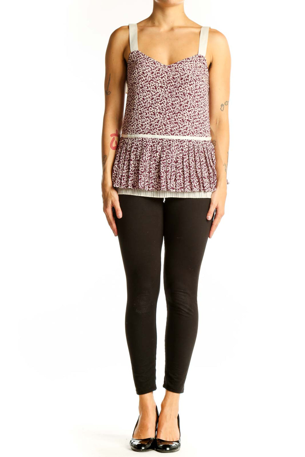 Front view of GREY by Jason Wu burgundy floral print peplum tank top with cream straps