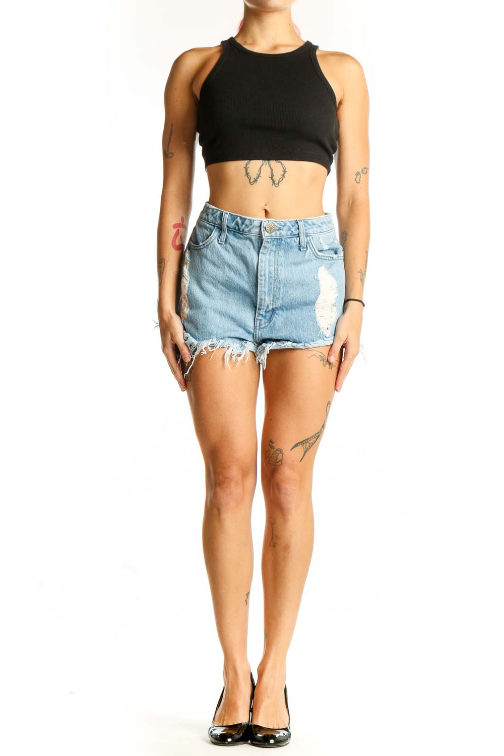Front view of Mumu light blue distressed denim shorts with frayed hem