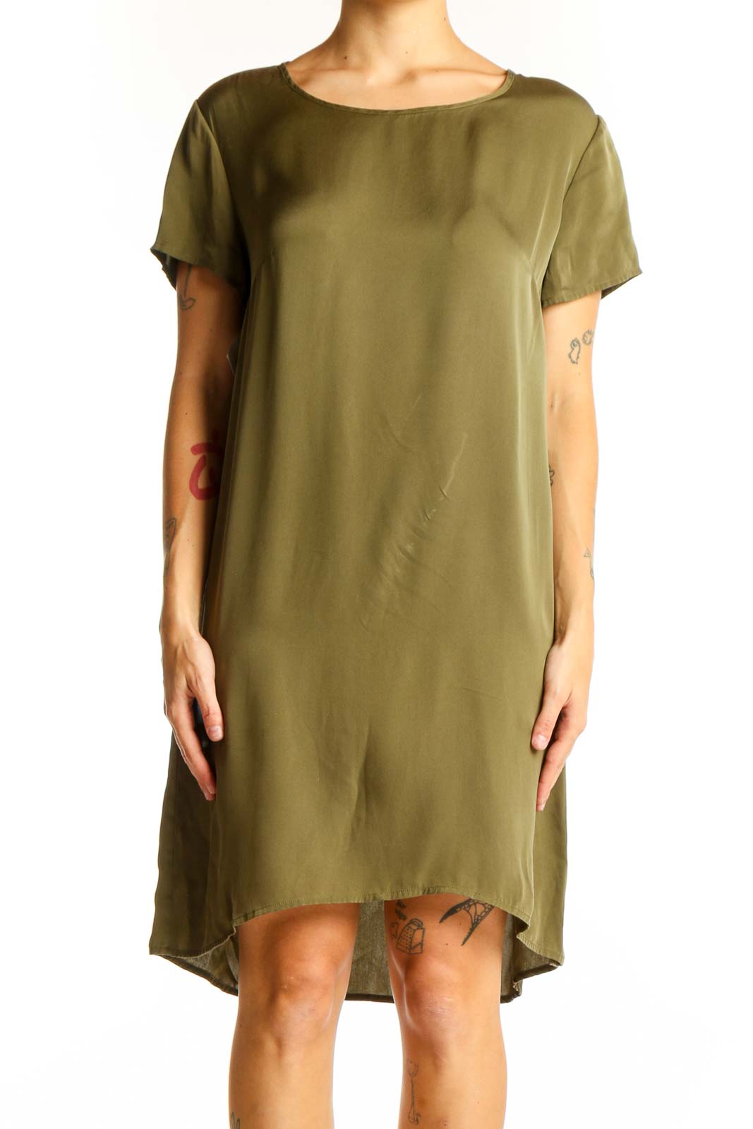 Front view of olive Quince t-shirt dress with relaxed fit