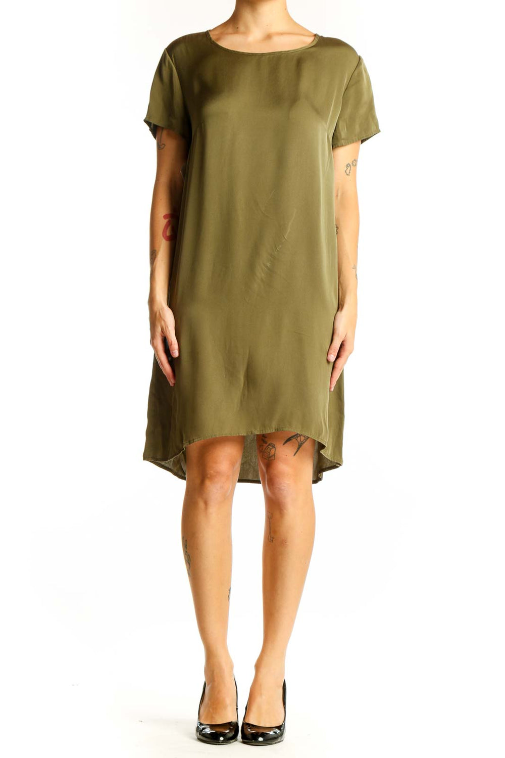 Front view of olive Quince t-shirt dress with relaxed fit