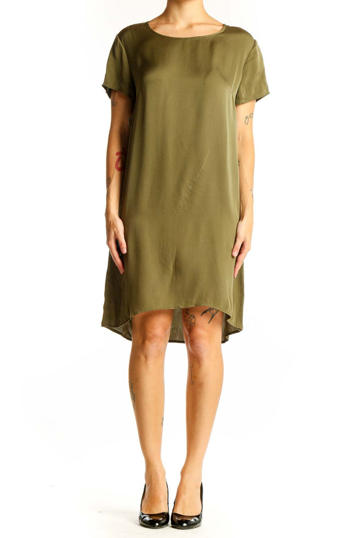 Front view of olive Quince t-shirt dress with relaxed fit