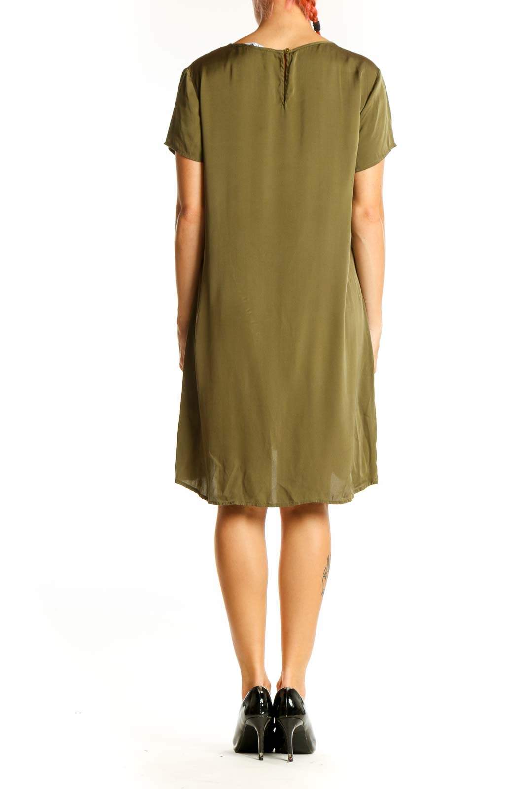 Side view of olive Quince t-shirt dress showing high-low hemline