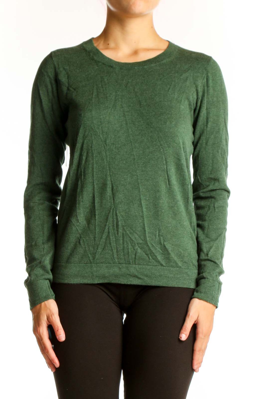 Front view of J.Crew green cotton long sleeve crew neck top