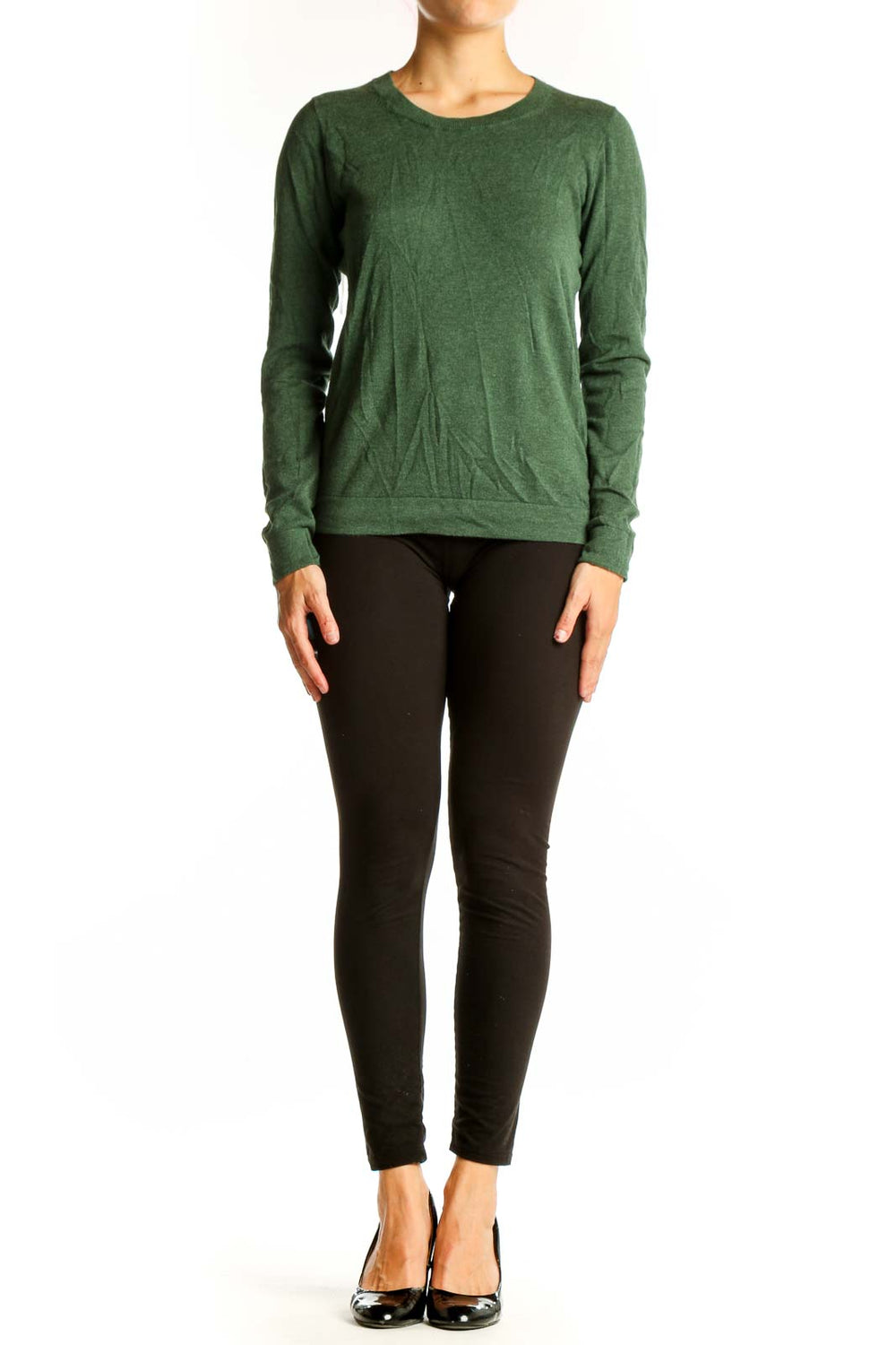 Front view of J.Crew green cotton long sleeve crew neck top