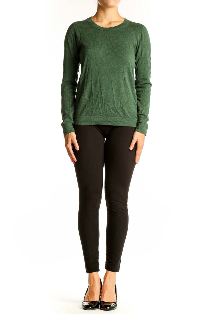 Front view of J.Crew green cotton long sleeve crew neck top