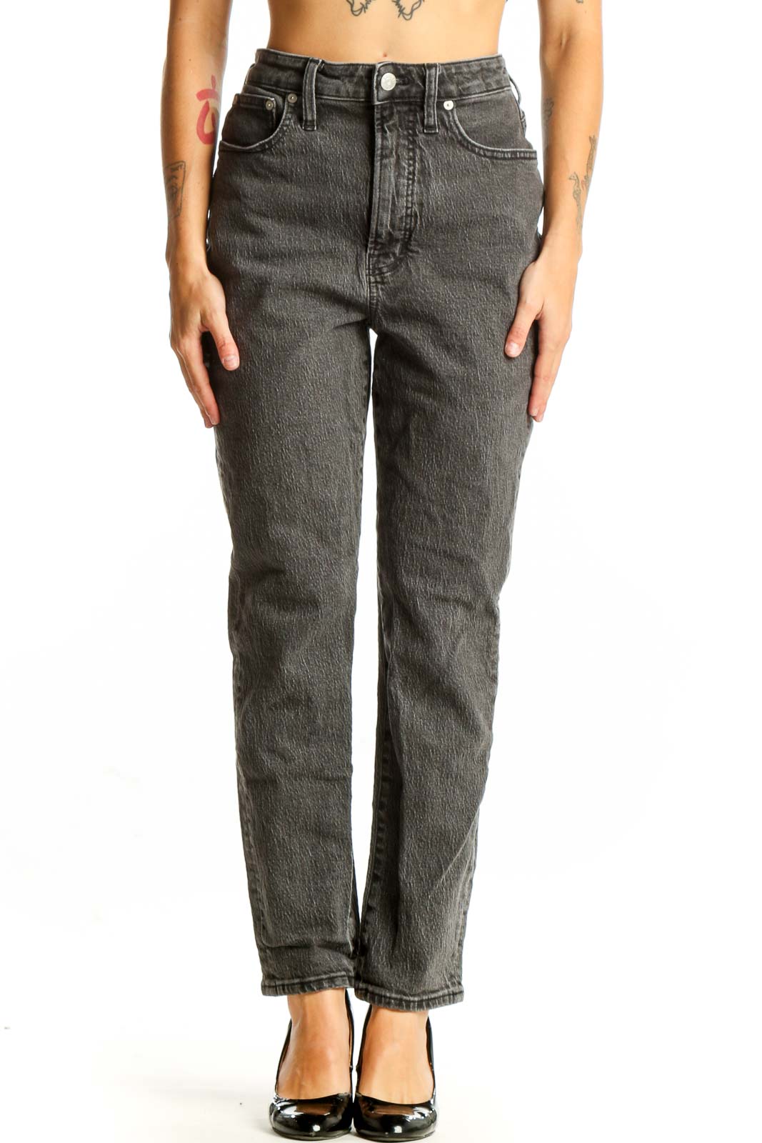 Front view of Madewell gray high-waisted straight leg jeans on model