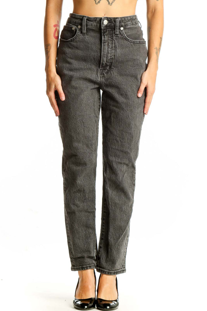 Front view of Madewell gray high-waisted straight leg jeans on model