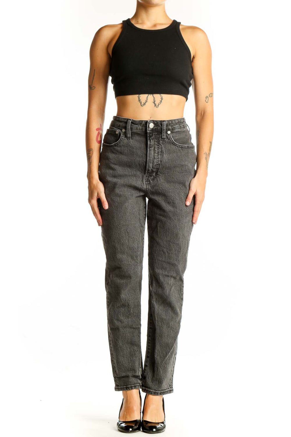 Front view of Madewell gray high-waisted straight leg jeans on model