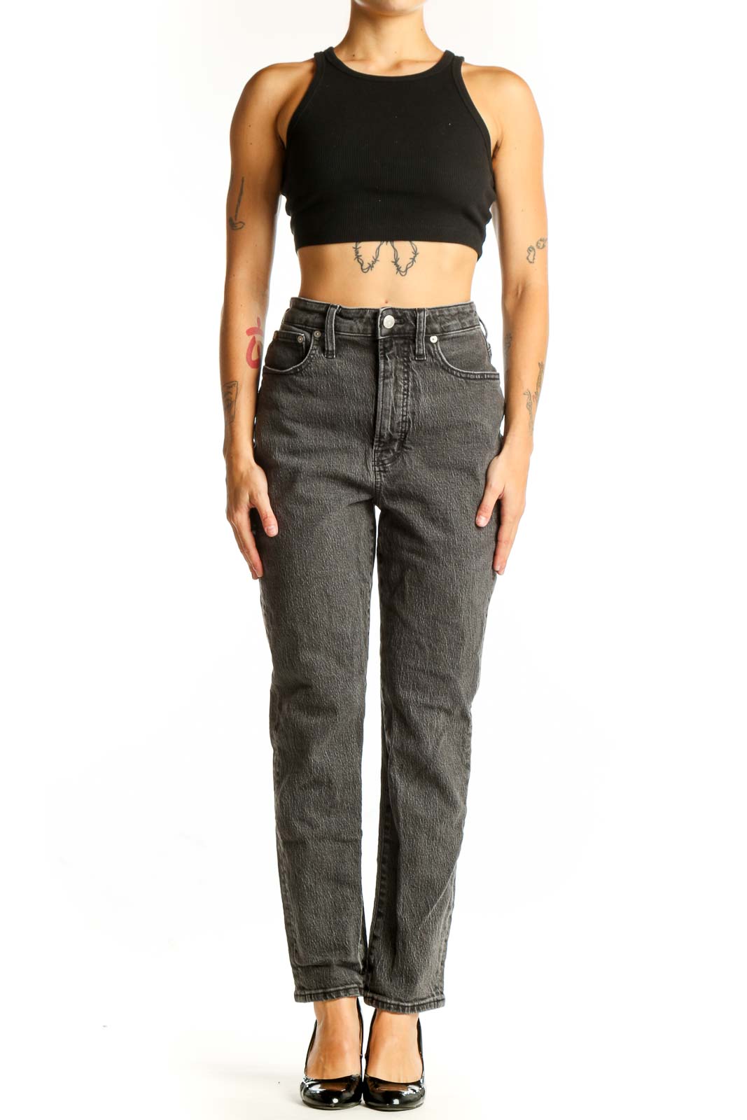 Front view of Madewell gray high-waisted straight leg jeans on model